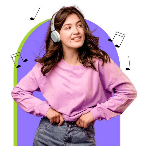 beautiful young caucasian brunette lady posing with headphones looking away purple background